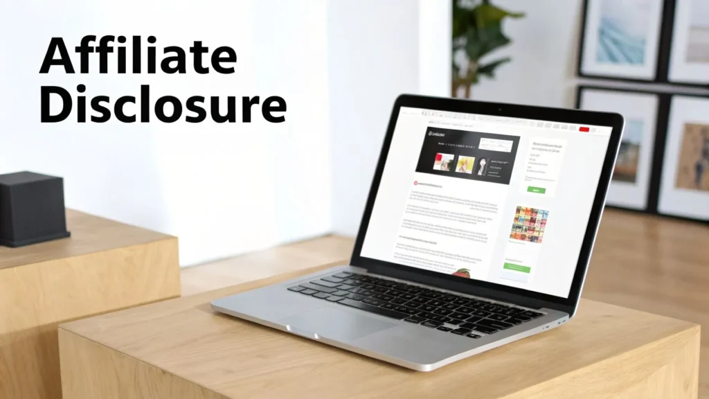 Laptop displaying a blog page with text “Affiliate Disclosure,” representing transparency about affiliate links on a website.