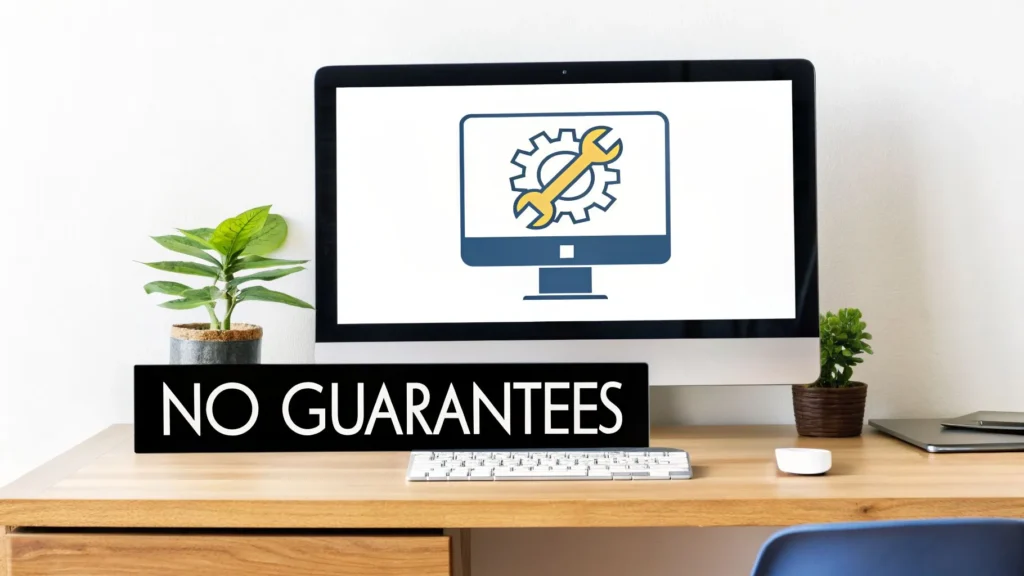 Desktop monitor with gear and wrench icon and text “No Guarantees,” illustrating a website disclaimer about results.