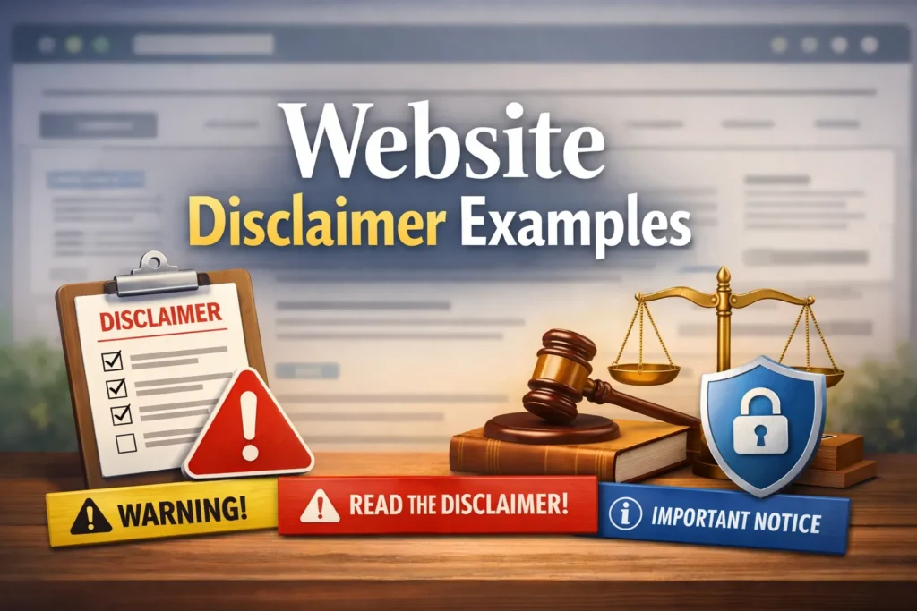 Website disclaimer concept with clipboard labeled disclaimer, warning sign, gavel, scales of justice, and security shield on desk.
