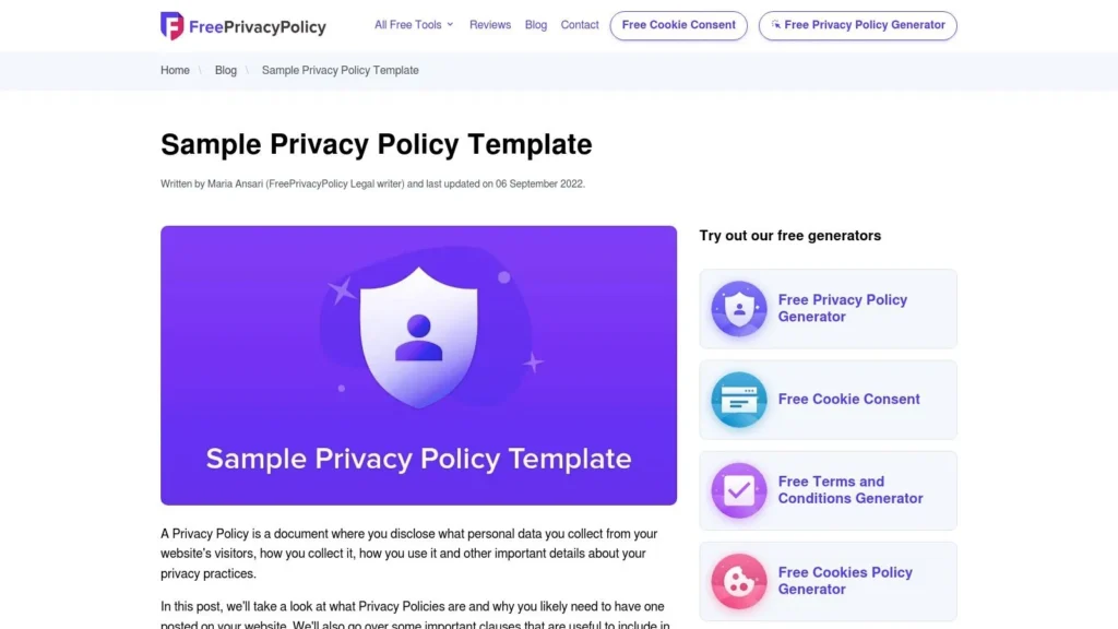 FreePrivacyPolicy website page showing a sample privacy policy template and tools for generating legal website policies.