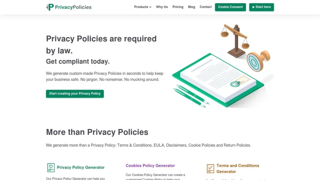 PrivacyPolicies website page offering a privacy policy generator and legal compliance tools for websites and online businesses.