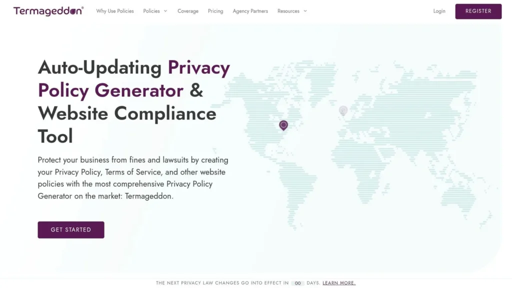 Termageddon website promoting an auto-updating privacy policy generator and compliance tool for websites.