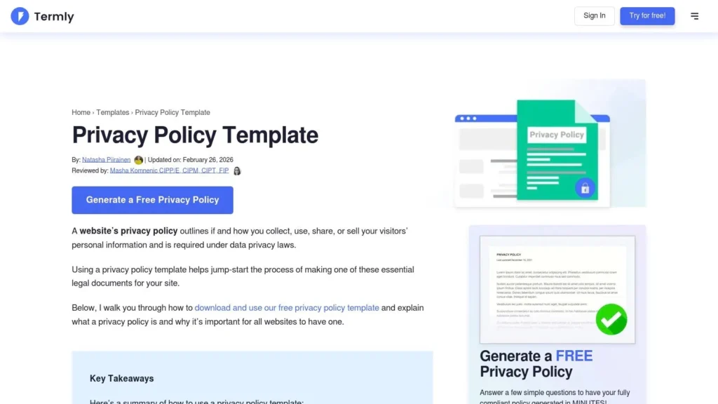 Termly website page showing a Privacy Policy Template with option to generate a free privacy policy for a website.
