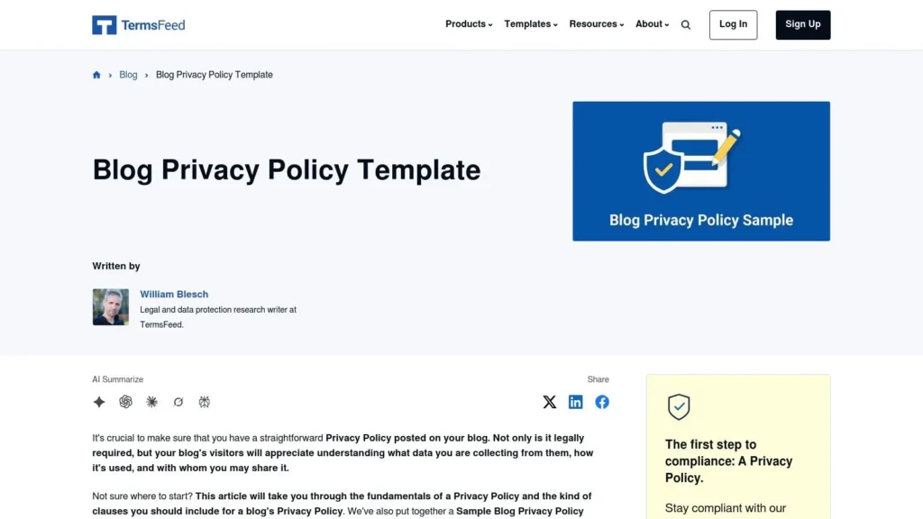 TermsFeed page showing a Blog Privacy Policy Template article with author details and sample policy resource.