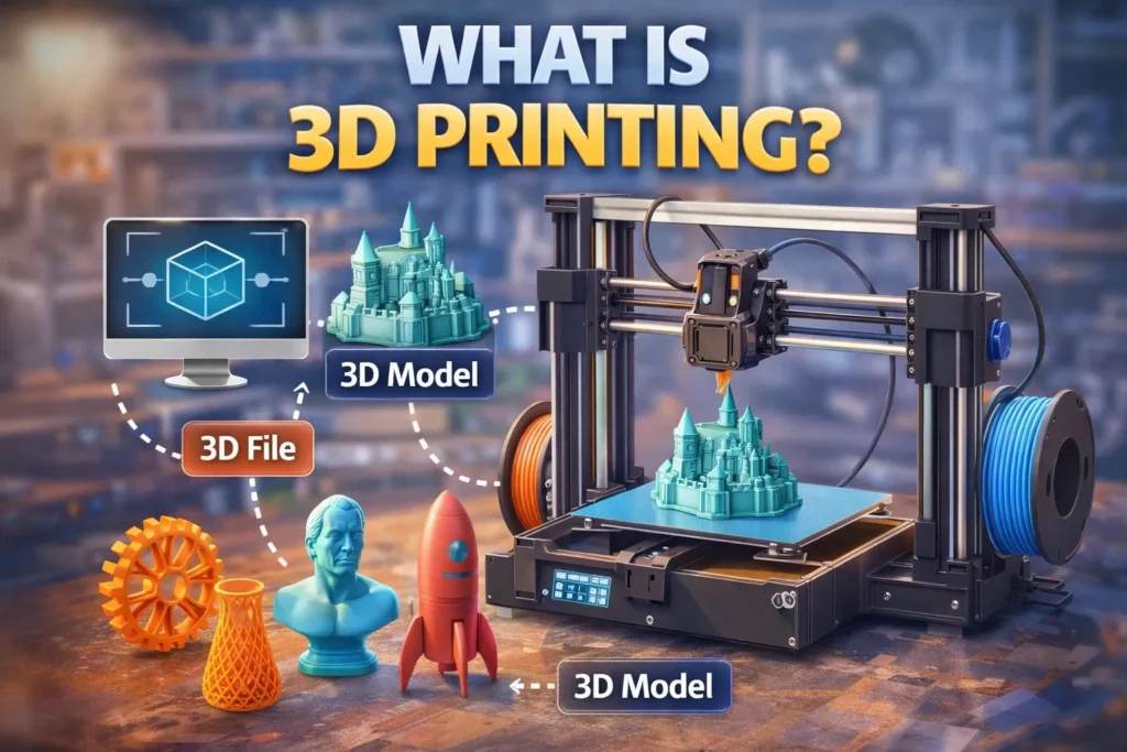 3D printing illustration showing printer creating model, filament spool, and workflow from 3D file to finished object.