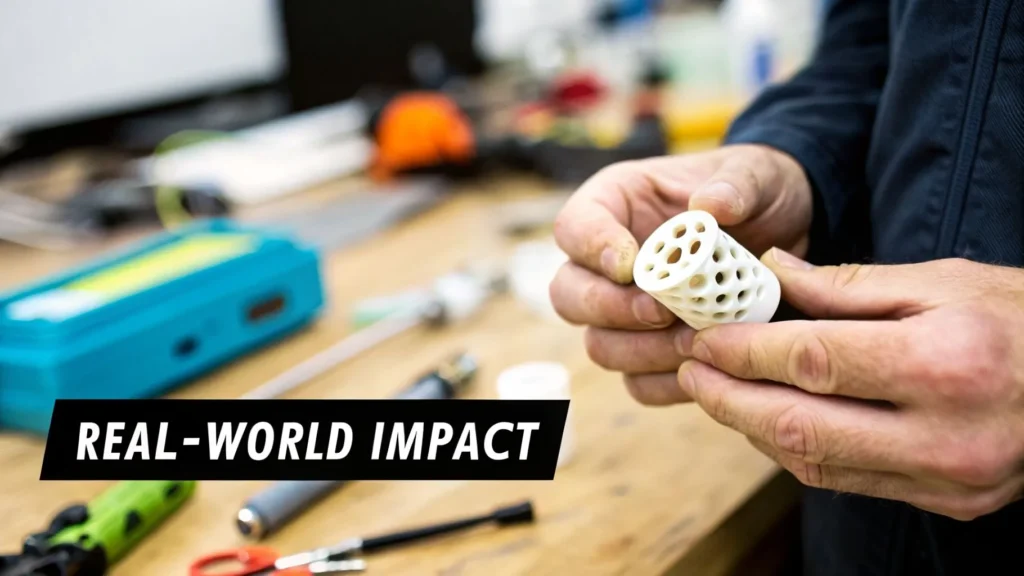 What is 3d printing: A Quick Guide to Additive Manufacturing Hands holding a 3D-printed part in a workshop with tools, labeled “Real-World Impact”.