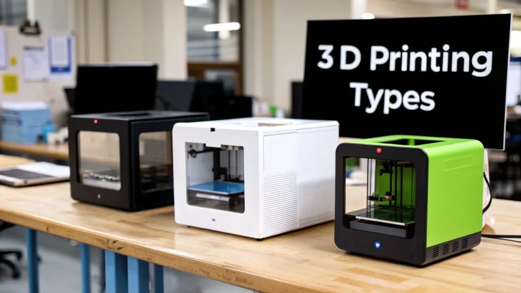 What is 3d printing: A Quick Guide to Additive Manufacturing Three desktop 3D printers on a workbench with sign “3D Printing Types” in a workshop setting.