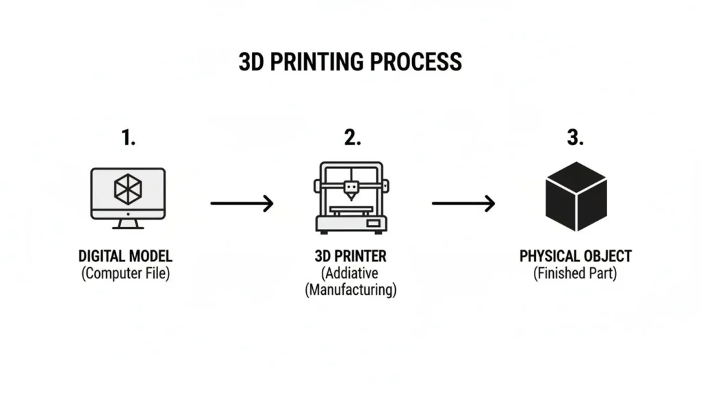 What is 3d printing: A Quick Guide to Additive Manufacturing Diagram of 3D printing process: digital model, 3D printer, and finished physical object.