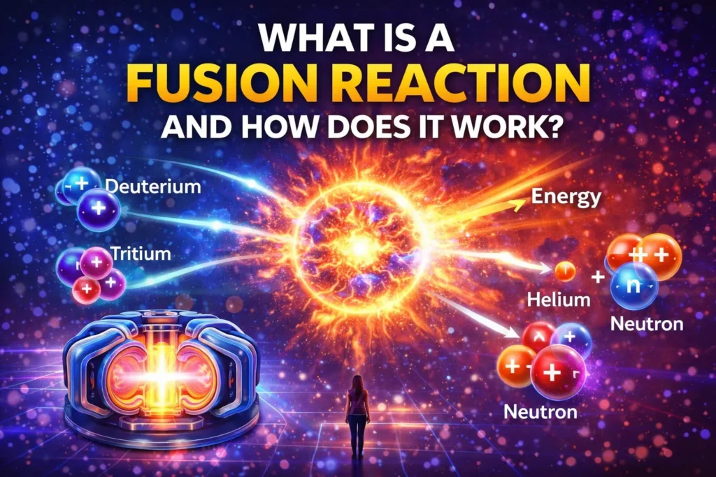 Fusion reaction diagram showing deuterium and tritium merging to form helium, neutron, and energy in a bright plasma burst.