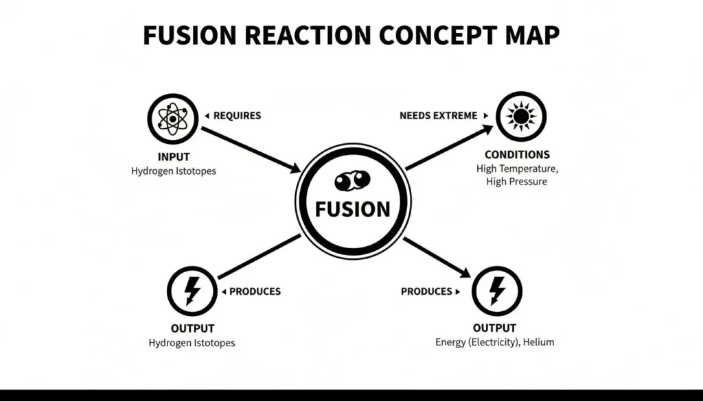 Concept map of fusion reaction showing inputs, extreme conditions, and outputs like energy and helium.
