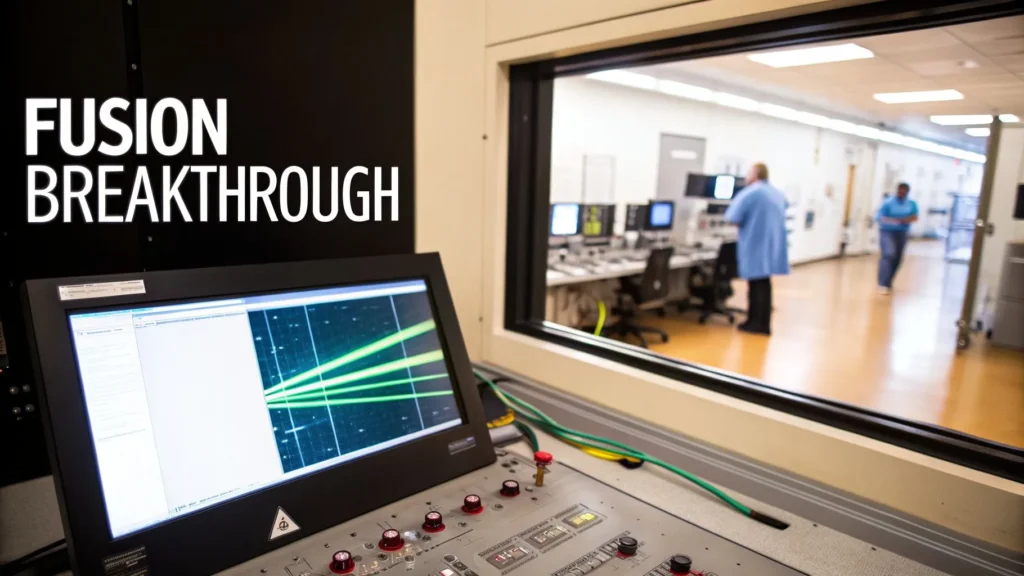 Fusion lab control room with monitor data and scientists working behind glass, labeled “Fusion Breakthrough”.