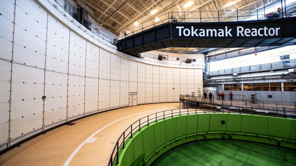 Interior of a tokamak fusion reactor facility with circular chamber and overhead structure labeled “Tokamak Reactor”.