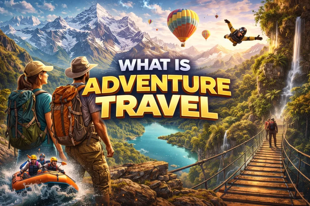 Adventure travel thumbnail with hikers, rafting, skydiving, hot air balloons, mountains, and jungle bridge, titled “What Is Adventure Travel”.