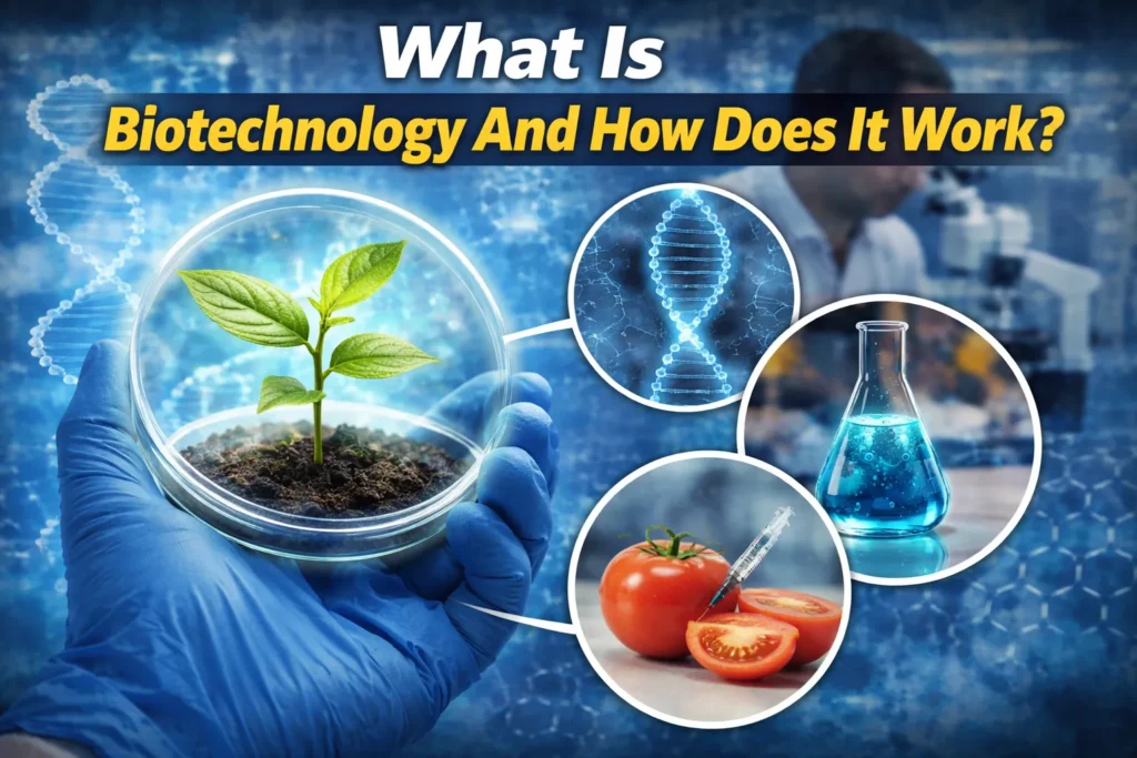 Gloved hand holding plant in petri dish with DNA and lab icons, thumbnail explaining what biotechnology is and how it works.