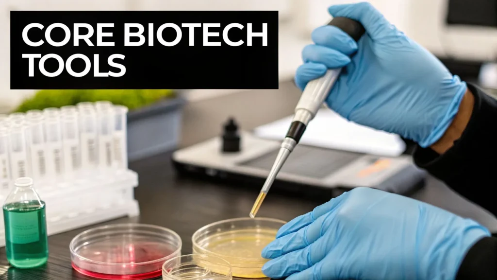 Scientist using pipette in lab with petri dishes and test tubes, illustrating core biotechnology tools.