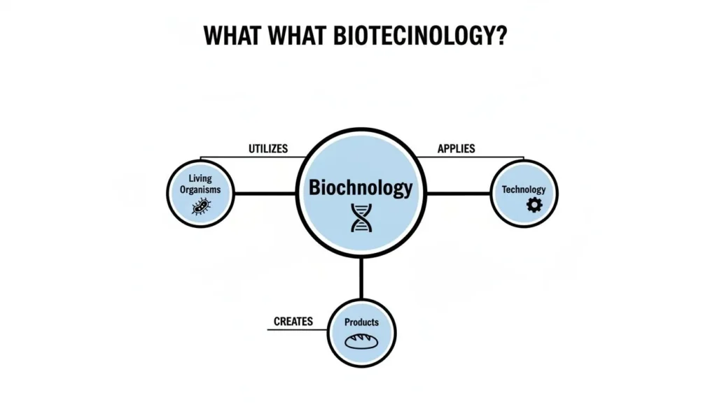 Biotechnology diagram showing use of living organisms and technology to create products.