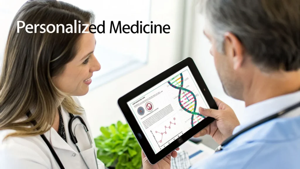 Doctor showing patient DNA data on tablet, illustrating personalized medicine and genetic analysis.
