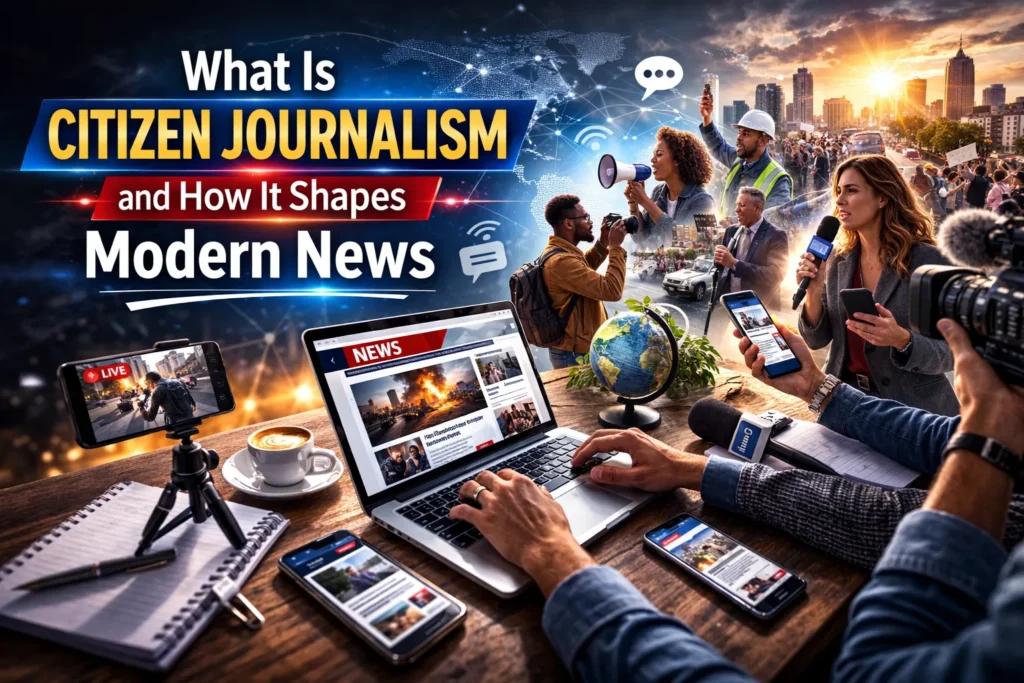 Citizen journalism concept showing people filming news with smartphones, reporter with camera, protest crowd, and live news broadcast scene.