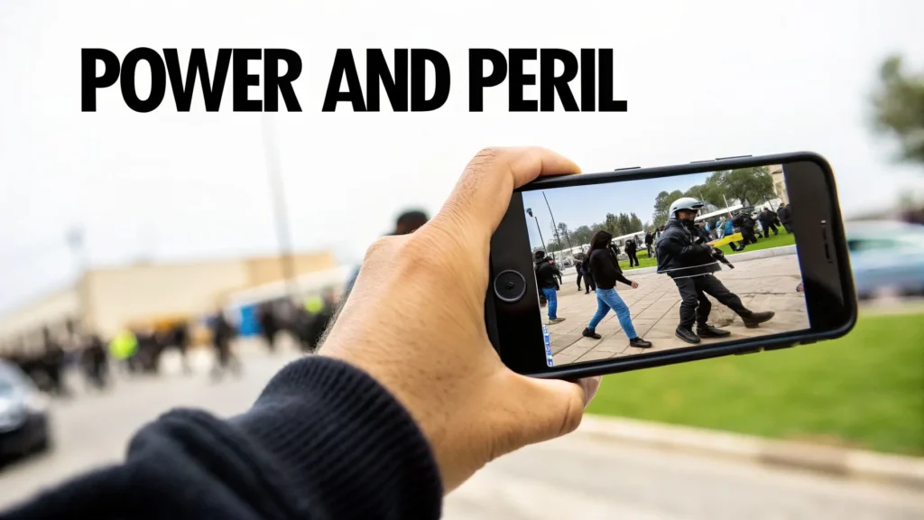 Person recording a public protest with a smartphone, illustrating the power and risks of citizen journalism.