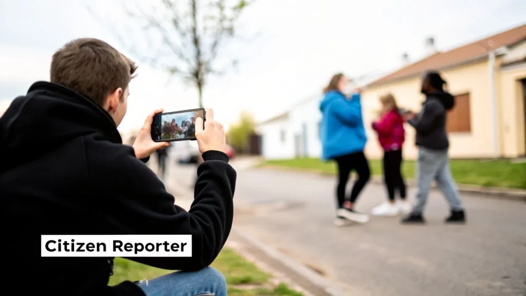 Citizen reporter filming people with a smartphone on a street, illustrating citizen journalism and real-time reporting.
