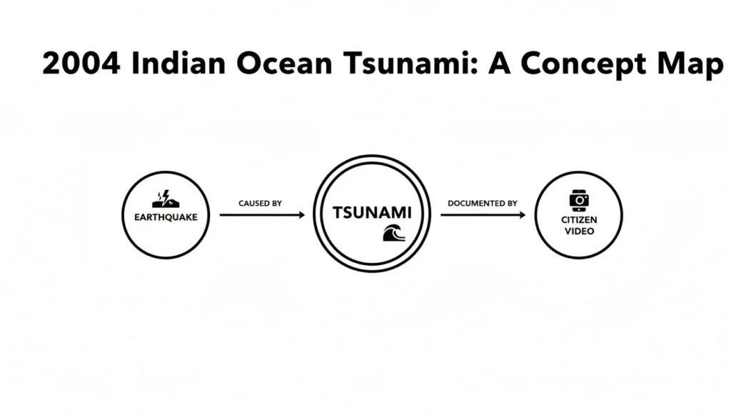 Concept map of the 2004 Indian Ocean tsunami showing earthquake cause, tsunami event, and citizen video documentation.