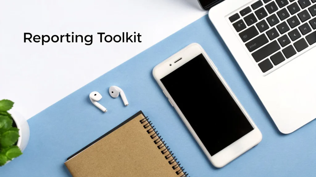 Flat lay of smartphone, laptop, notebook, and earbuds labeled “Reporting Toolkit,” representing tools for citizen journalism.