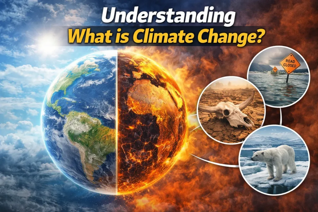 Split Earth showing healthy vs burning planet with icons of drought, flooding, and melting ice, thumbnail about climate change.