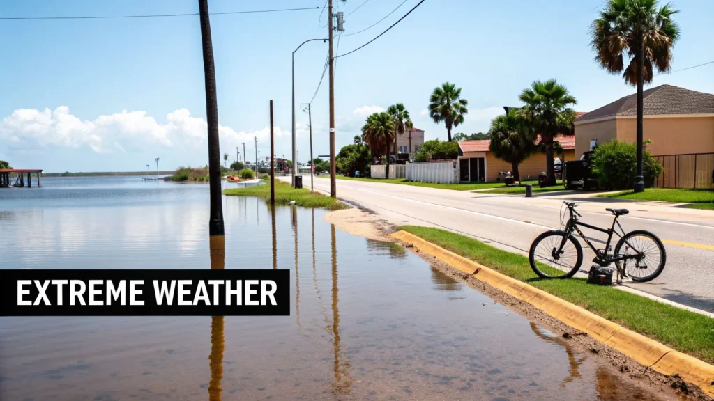 Flooded coastal street with palm trees, homes, and bicycle, labeled “Extreme Weather” illustrating climate impacts.