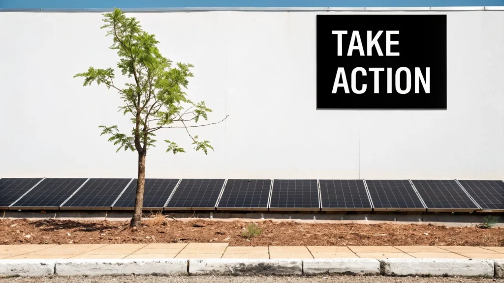 Solar panels and a young tree by a building with text “Take Action,” promoting renewable energy and sustainability.