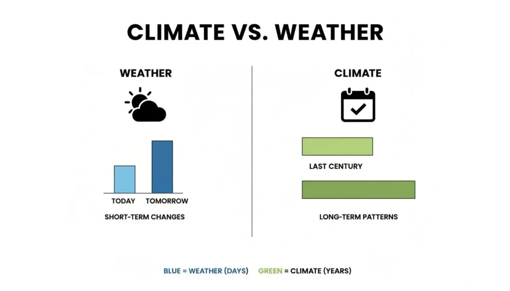 Infographic comparing weather vs climate: short-term daily changes vs long-term patterns over years.