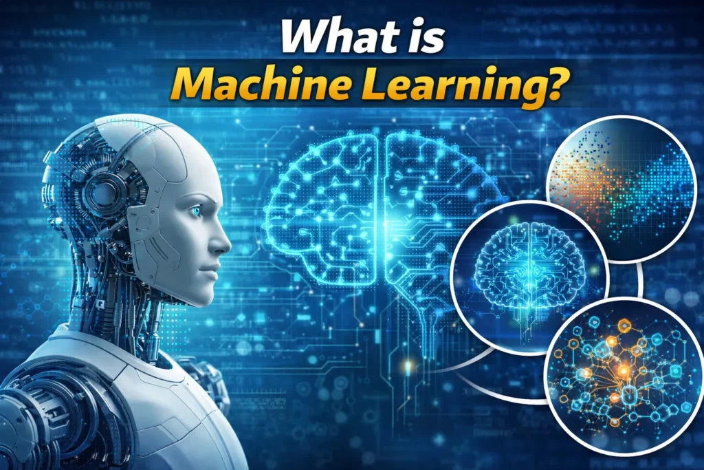 Robot facing glowing brain with data charts and neural network icons, thumbnail explaining what machine learning is.