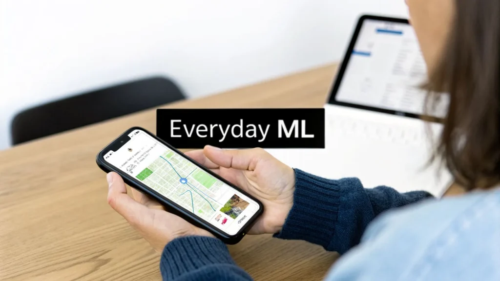 Person using smartphone map app, illustrating everyday machine learning in navigation and recommendations.