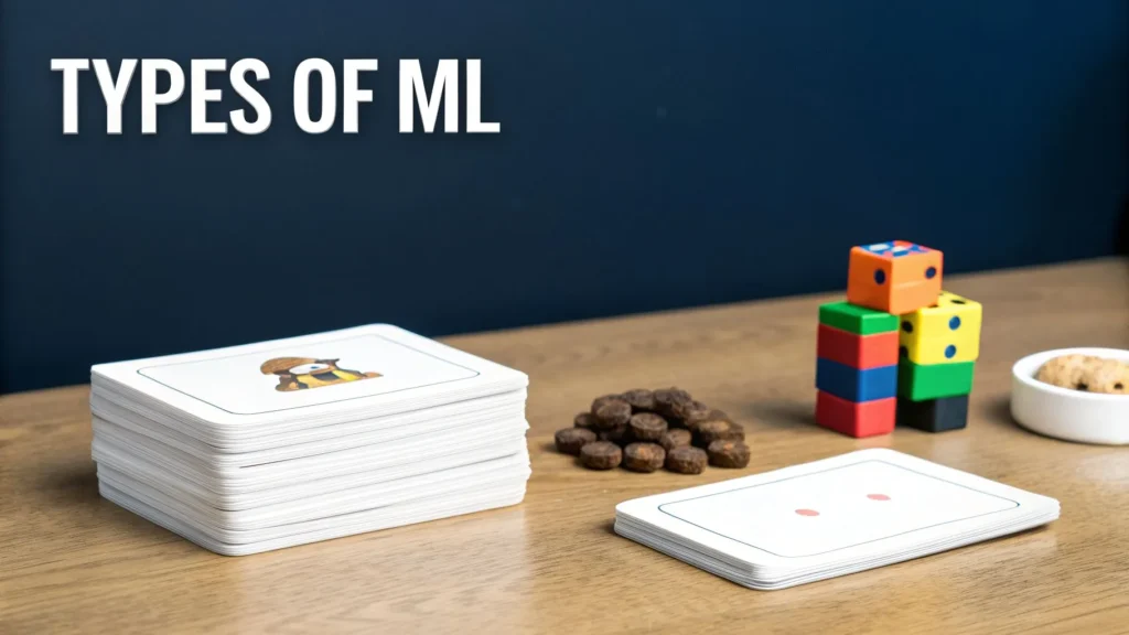 Types of machine learning concept with cards, dice blocks, and tokens on table, illustrating ML learning methods.