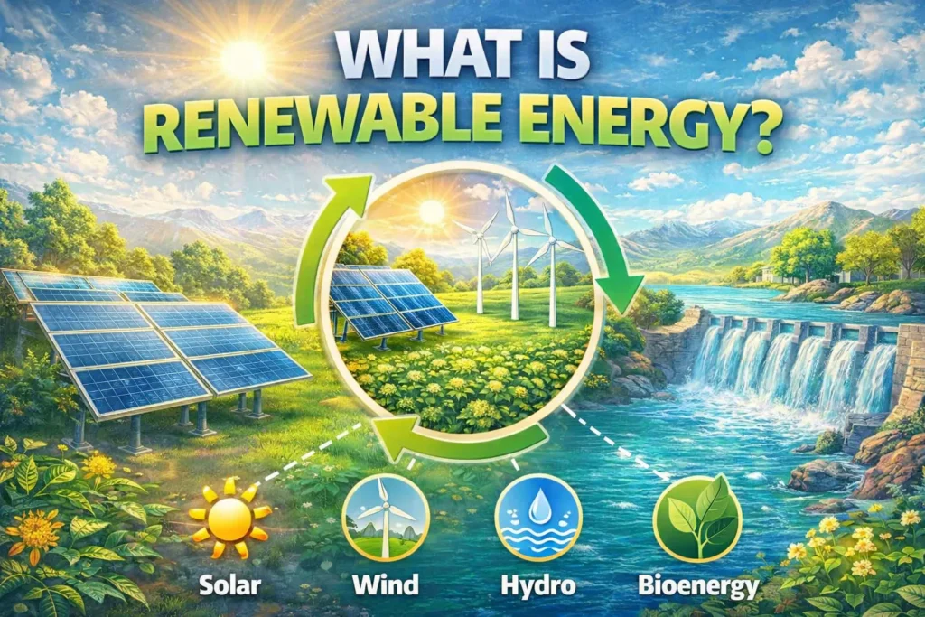 Renewable energy infographic showing solar panels, wind turbines, hydro dam, and bioenergy icons in a green landscape.