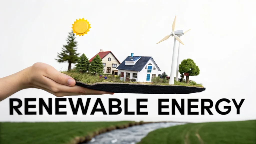 Hand holding eco model with houses, trees, and wind turbine under sun, representing renewable energy.