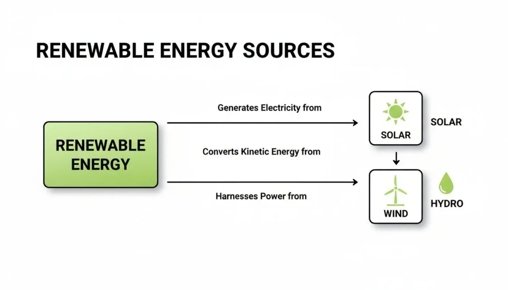 Diagram of renewable energy sources showing solar, wind, and hydro power generation from natural resources.