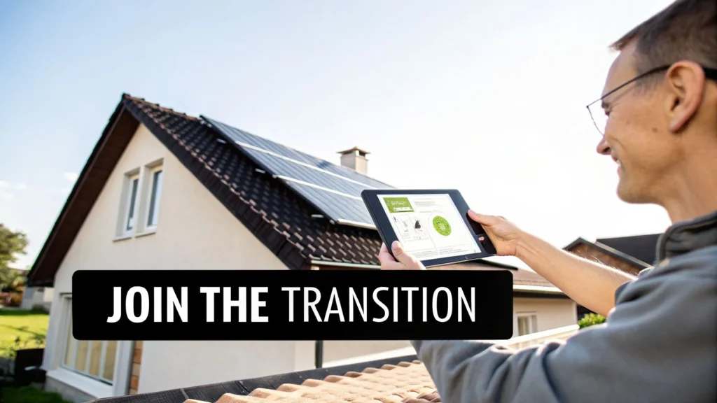 Man using tablet to monitor solar panels on house roof, with text “Join the Transition” promoting renewable energy.