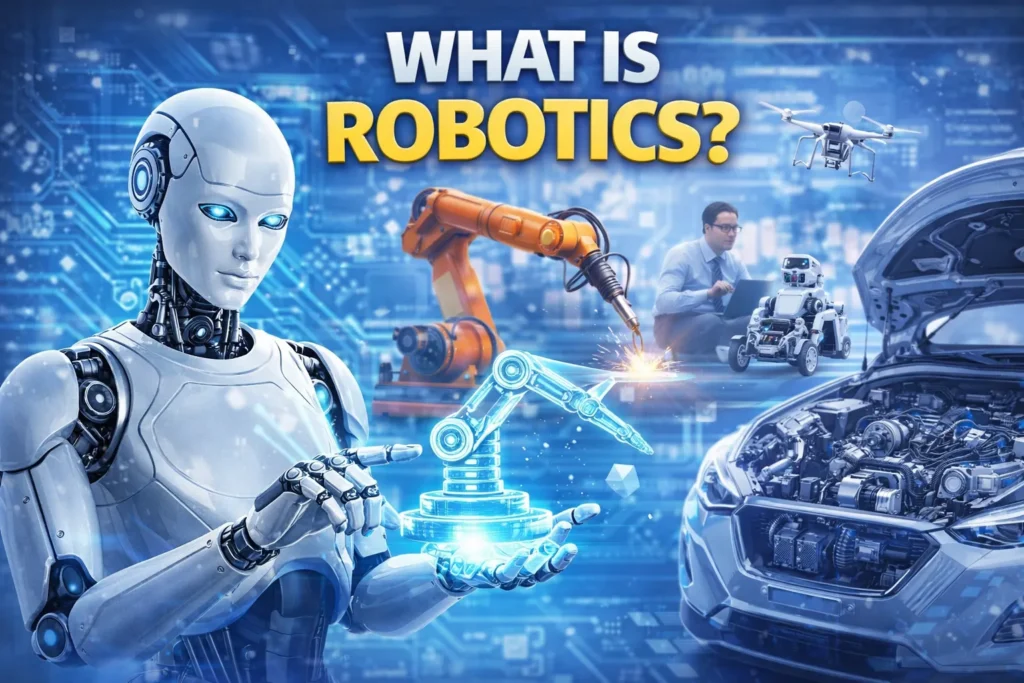 Robotics illustration with humanoid robot, robotic arms, engineer, drone, and car engine showing modern robotics applications.