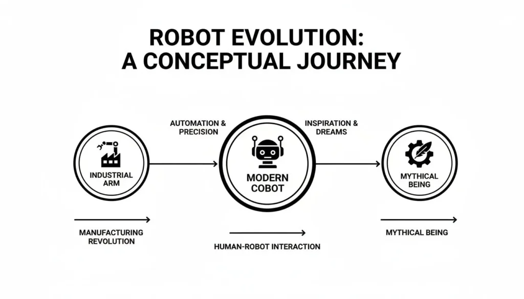 What Is Robotics A Guide to How Robots Actually Work Diagram of robot evolution from industrial arms to modern cobots and conceptual mythical robots.