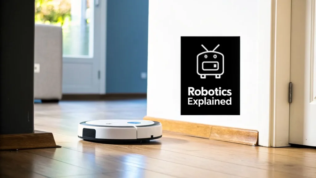 What Is Robotics A Guide to How Robots Actually Work Robot vacuum cleaning hardwood floor near doorway, with sign “Robotics Explained” on wall.