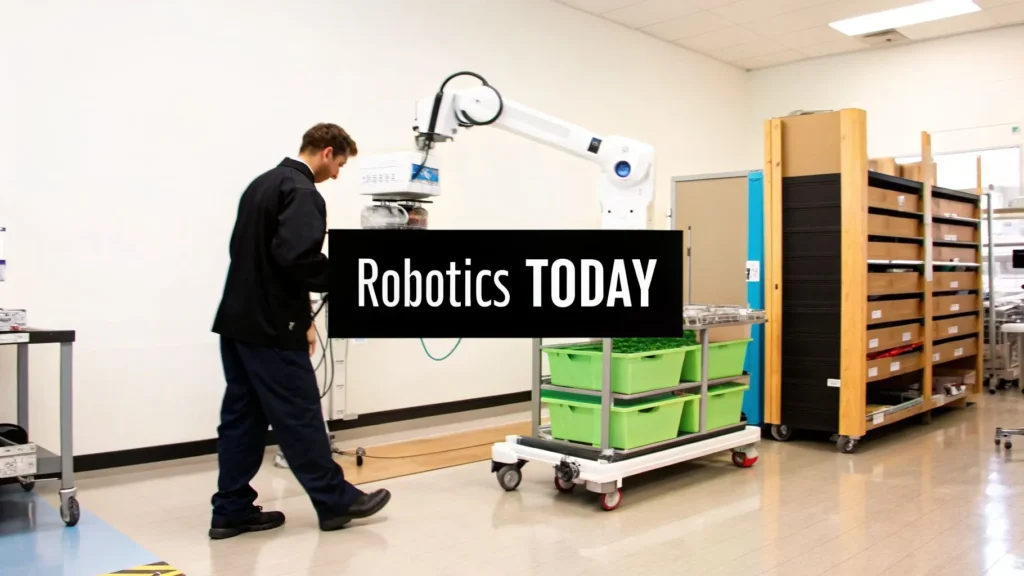 What Is Robotics A Guide to How Robots Actually Work Worker with robotic arm moving bins in lab setting, with text “Robotics Today”.
