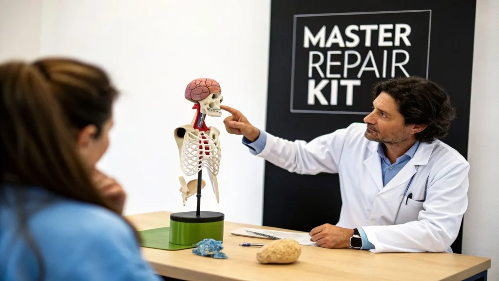 Doctor explaining human anatomy using skeleton and brain model during consultation about stem cell therapy.