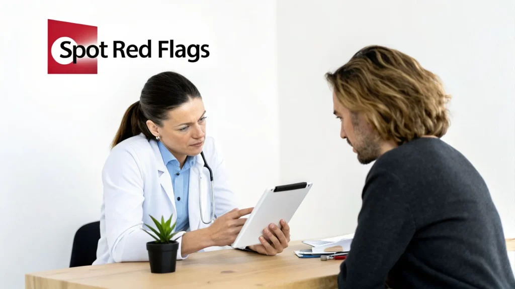 Doctor reviewing tablet with patient during consultation, illustrating how to spot red flags in stem cell therapy treatments.
