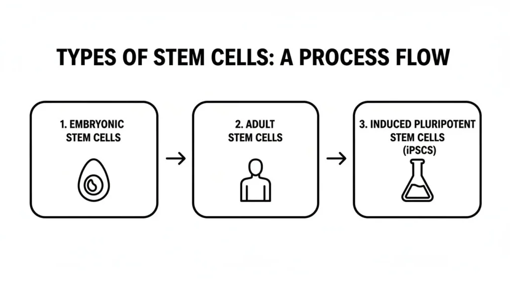 Infographic showing types of stem cells: embryonic, adult stem cells, and induced pluripotent stem cells (iPSCs).