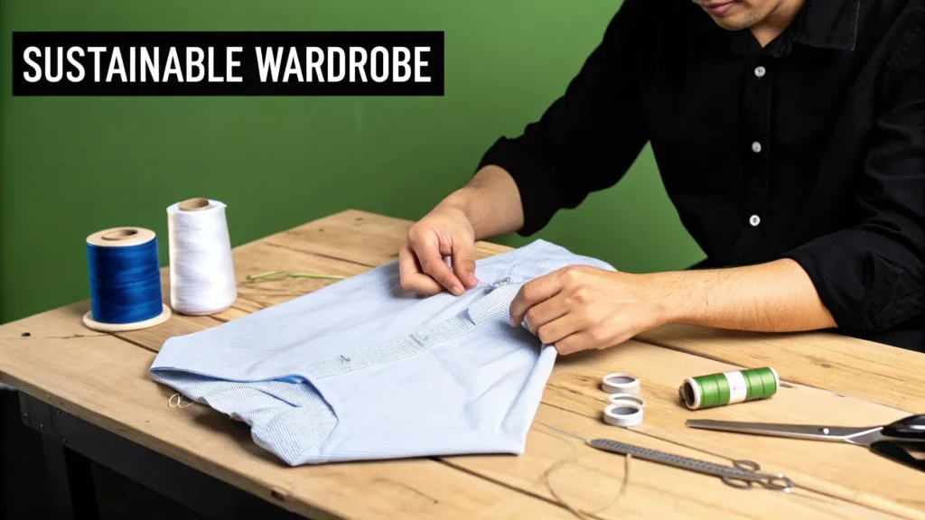 Person repairing a shirt with sewing tools on table, illustrating sustainable wardrobe and clothing repair.