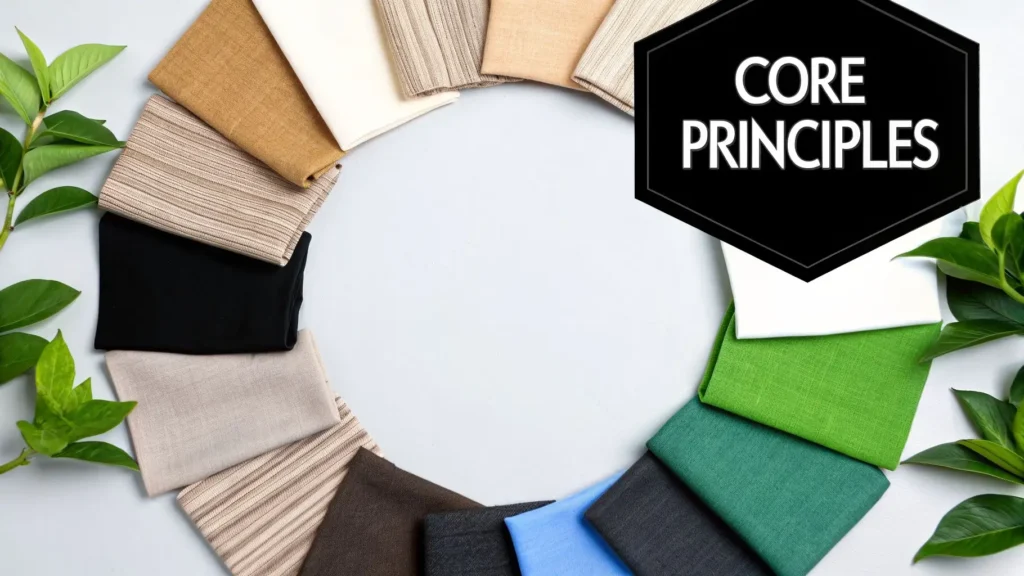 Circle of fabric swatches with leaves and “Core Principles” text, representing sustainable fashion materials and eco-friendly textiles.