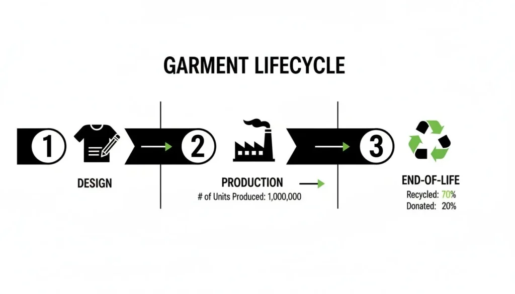 Garment lifecycle diagram showing stages of design, production, and end-of-life recycling in sustainable fashion.