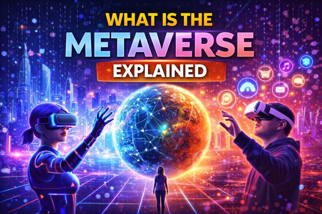 Metaverse concept with VR users interacting with digital globe, neon city, and floating icons explaining virtual world technology.