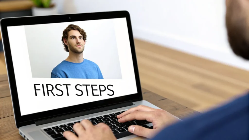 Person using laptop showing portrait with text “First Steps” on screen.