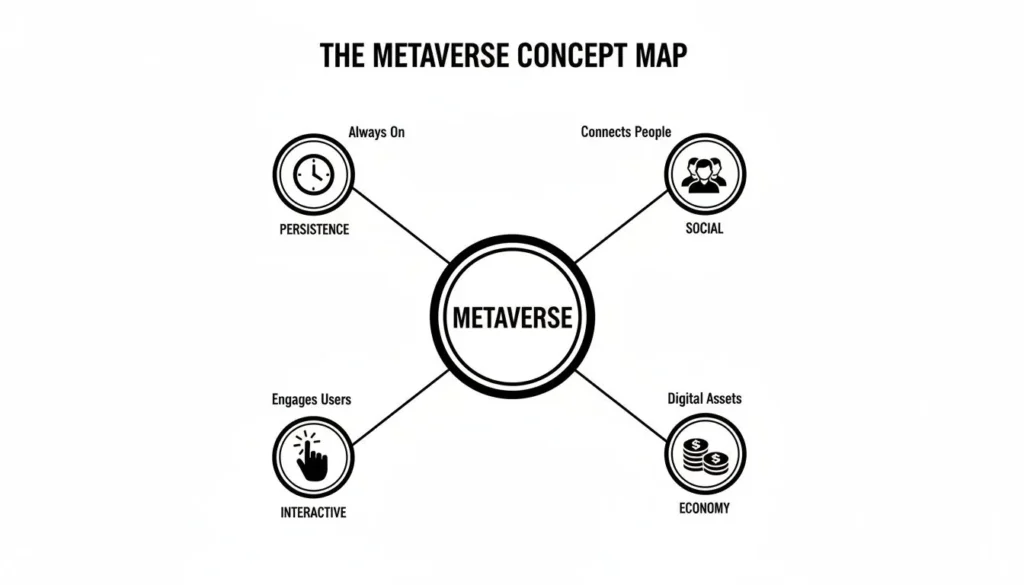 Concept map of the metaverse showing persistence, social, interactive, and economy connected to a central hub.